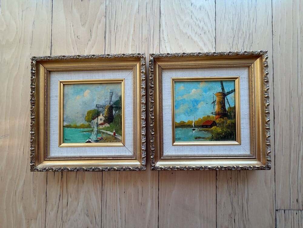 Henry Ramirez Oil Paintings Windmill Pair Gold Frames Vintage
